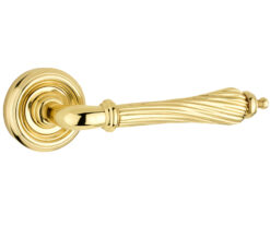 Parisian Giselle Door Handles On Round Rose, Polished Brass (sold in pairs)