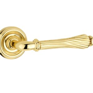 Parisian Giselle Door Handles On Round Rose, Polished Brass (sold in pairs)