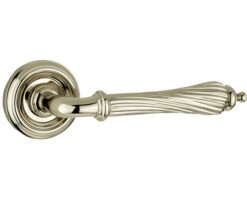 Parisian Giselle Door Handles On Round Rose, Polished Nickel(sold in pairs)