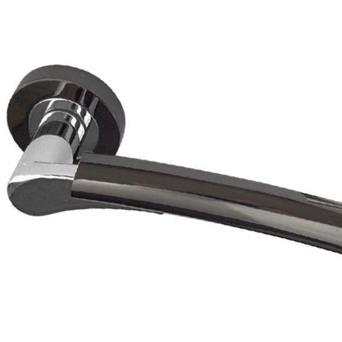 Arkus Door Handles On Round Rose, Dual Finish Polished Chrome & Black Nickel