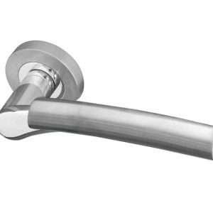 Arkus Door Handles On Round Rose, Dual Finish Polished Chrome & Satin Chrome