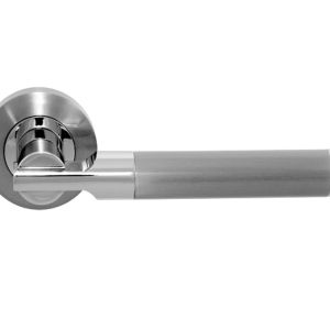 Lydia Door Handles On Round Rose, Dual Finish Polished Chrome And Satin Chrome