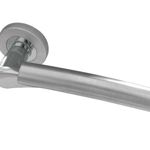 Capri Door Handles On Round Rose, Dual Finish Polished Chrome & Satin Chrome (sold in pairs)