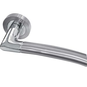 Lorenzo Door Handles On Round Rose, Dual Finish Polished Chrome & Satin Chrome (sold in pairs)