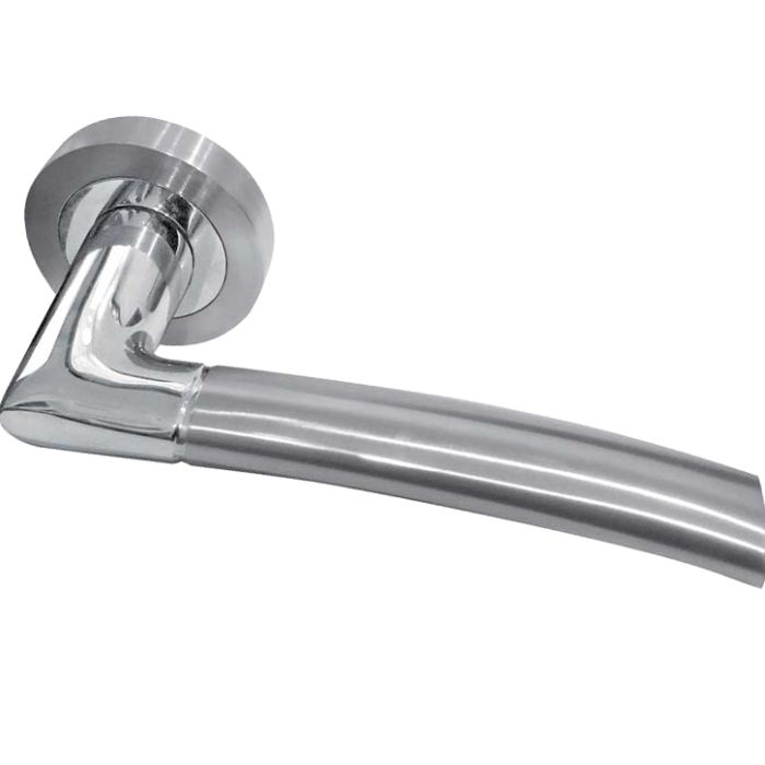 Lorenzo Door Handles On Round Rose, Dual Finish Polished Chrome & Satin Chrome (sold in pairs)