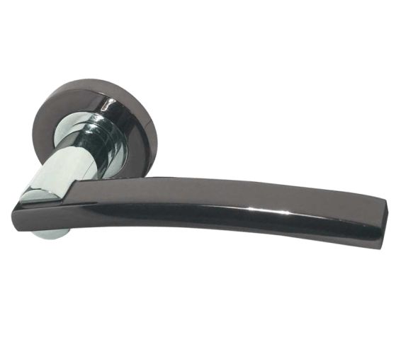 Modena Door Handles On Round Rose – Dual Finish Polished Chrome & Black Nickel (sold in pairs) 