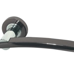 Modena Door Handles On Round Rose – Dual Finish Polished Chrome & Black Nickel (sold in pairs) 