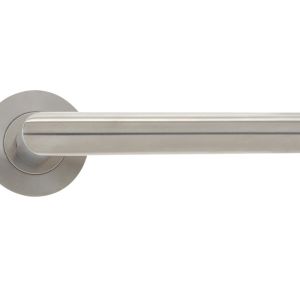 Mitred Lever On Round Rose, Satin Stainless Steel  (sold in pairs)
