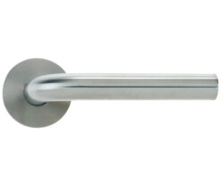 Radius Lever On Round Rose, Satin Stainless Steel  (sold in pairs)