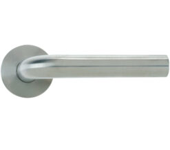 Radius Lever On Round Rose, Satin Stainless Steel  (sold in pairs)