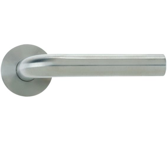Radius Lever On Round Rose, Satin Stainless Steel  (sold in pairs)