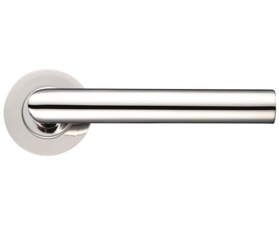 ZCS Architectural Mitred Lever On Round Rose, Polished Stainless Steel (sold in pairs)