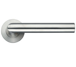 ZCS Architectural Mitred Lever On Round Rose - Satin Stainless Steel (sold in pairs)