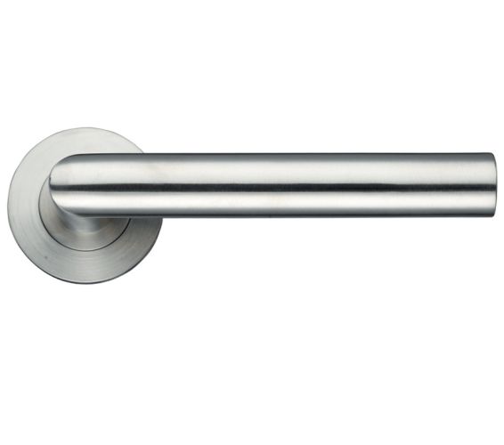 ZCS Architectural Mitred Lever On Round Rose – Satin Stainless Steel (sold in pairs)