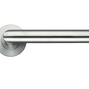 ZCS Architectural Oval Mitred Lever On Round Rose – Satin Stainless Steel (sold in pairs)