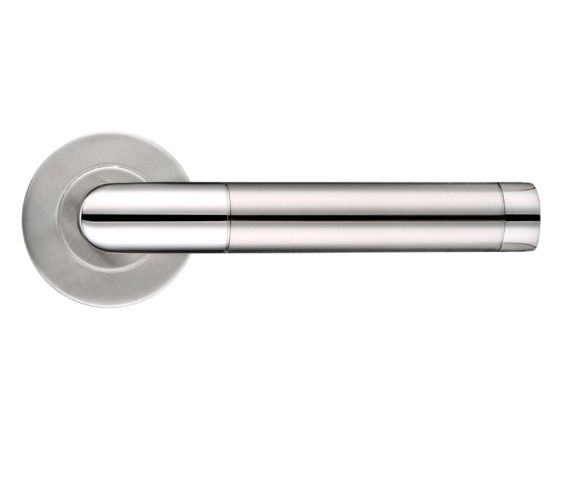 ZCS2 Contract Mitred Lever On Round Rose, Dual Finish Polished & Satin Stainless Steel (sold in pairs)