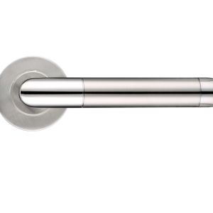 ZCS2 Contract Mitred Lever On Round Rose, Dual Finish Polished & Satin Stainless Steel (sold in pairs)