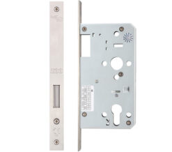 72mm c/c DIN Single Throw Dead Lock (Square Or Radius Profile), Satin Stainless Steel