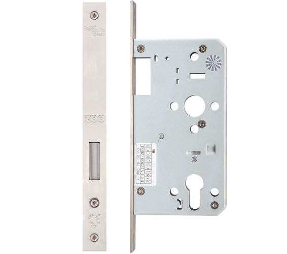 72mm c/c DIN Single Throw Dead Lock (Square Or Radius Profile), Satin Stainless Steel