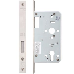 72mm c/c DIN Single Throw Dead Lock (Square Or Radius Profile), Satin Stainless Steel