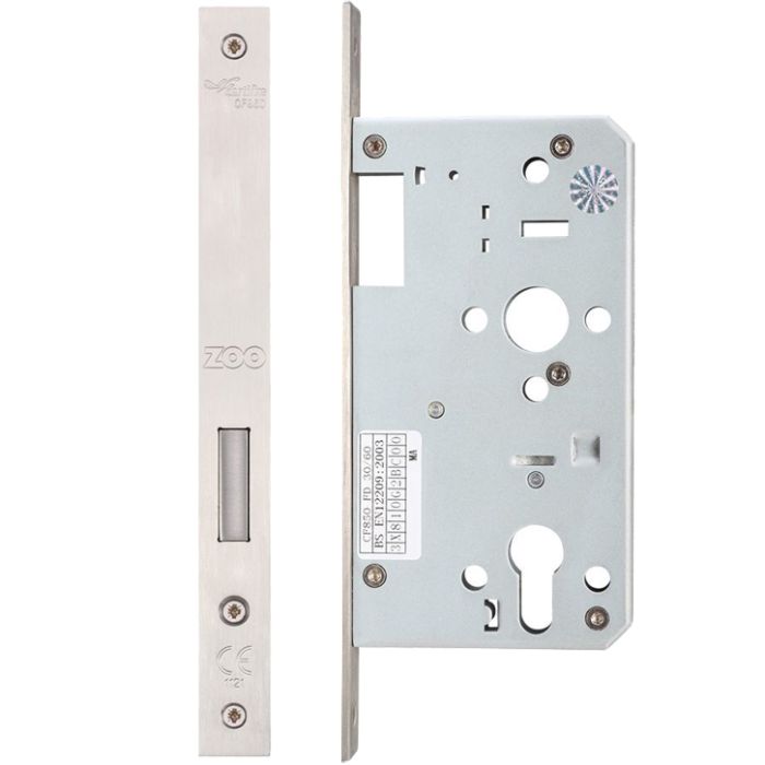 72mm c/c DIN Single Throw Dead Lock (Square Or Radius Profile), Satin Stainless Steel