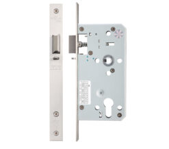 72mm c/c DIN Night Latch (Square Or Radius Profile), Satin Stainless Steel