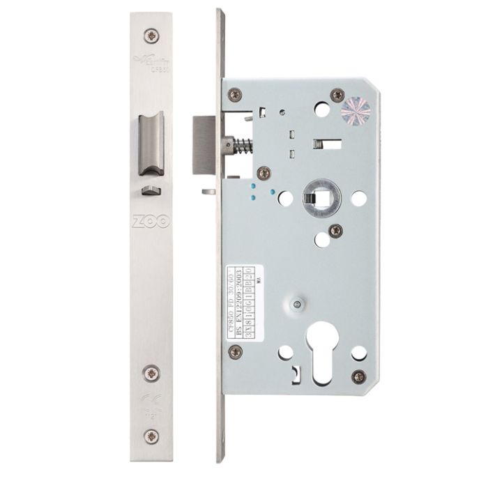 72mm c/c DIN Night Latch (Square Or Radius Profile), Satin Stainless Steel