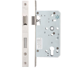 72mm c/c DIN Escape Lock (Square Or Radius Profile), Satin Stainless Steel