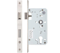 72mm c/c DIN Single Throw Euro Sash Lock (Square Or Radius Profile), Satin Stainless Steel