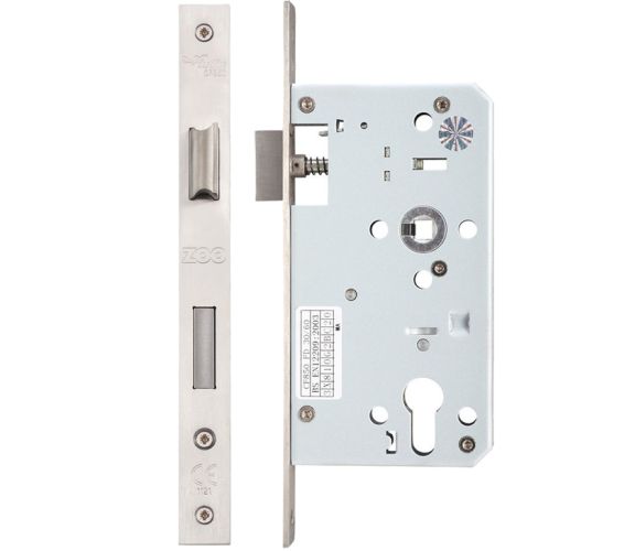 72mm c/c DIN Single Throw Euro Sash Lock (Square Or Radius Profile), Satin Stainless Steel