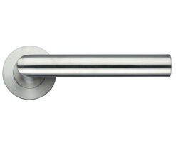 ZPS Mitred Lever On Round Rose, Satin Stainless Steel (sold in pairs)