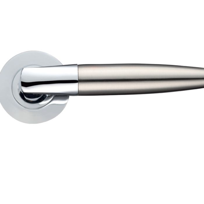 Atlanta Lever On Round Rose, Dual Finish Polished Chrome & Satin Nickel (sold in pairs)