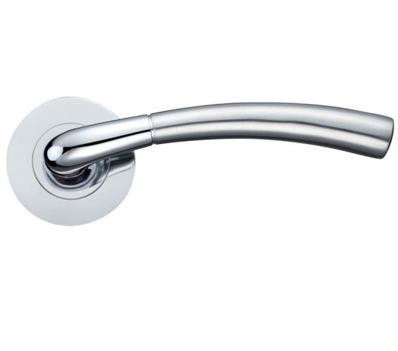 Saturn Lever On Round Rose, Dual Finish Satin Chrome & Polished Chrome (sold in pairs)
