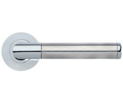 Luna Lever On Round Rose, Dual Finish Polished Chrome & Satin Stainless Steel (sold in pairs)