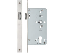 72mm c/c DIN Roller Bathroom Lock (Square Or Radius Profile), Satin Stainless Steel