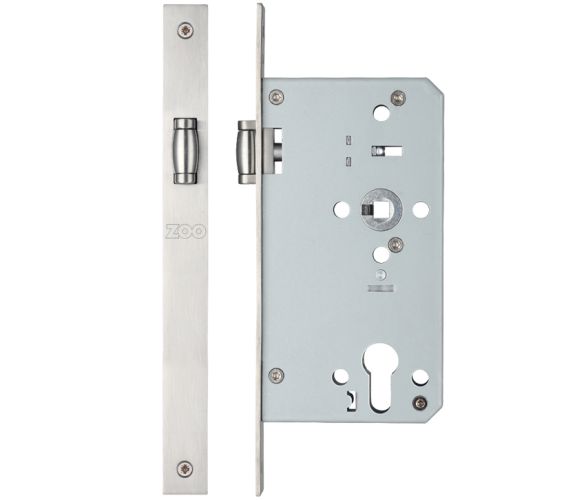 72mm c/c DIN Roller Bathroom Lock (Square Or Radius Profile), Satin Stainless Steel