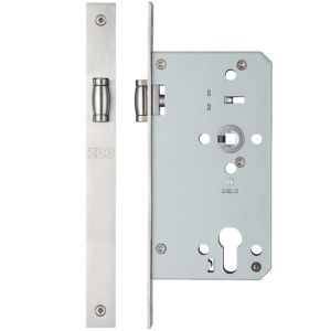 72mm c/c DIN Roller Bathroom Lock (Square Or Radius Profile), Satin Stainless Steel