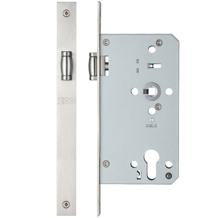 72mm c/c DIN Roller Bathroom Lock (Square Or Radius Profile), Satin Stainless Steel