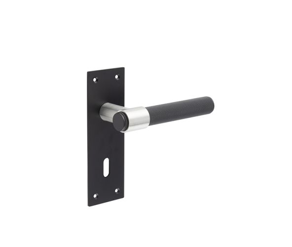 Frelan Hardware Knurled T-Bar Lever Door Handles On Backplate, Matt Black & Stainless Steel – JMB101 (sold in pairs)