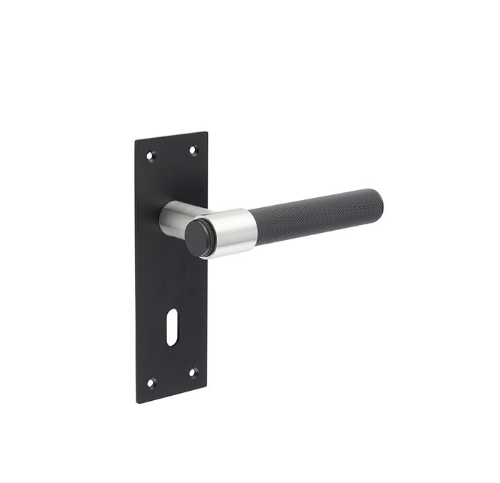 Frelan Hardware Knurled T-Bar Lever Door Handles On Backplate, Matt Black & Stainless Steel – JMB101 (sold in pairs)