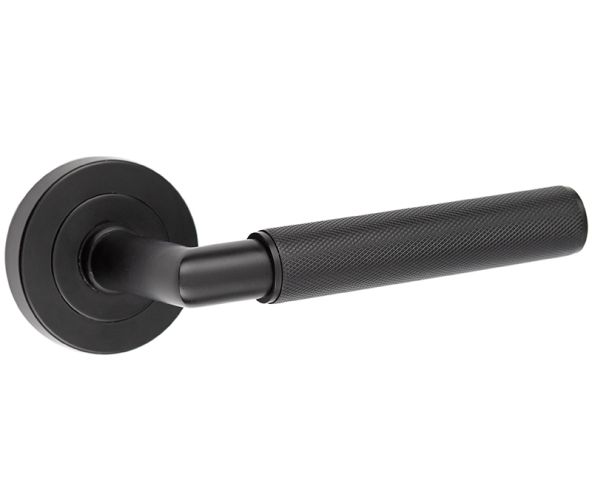 Frelan Hardware Mitred Knurled Door Handles On Round Rose, Matt Black – JMB400 (sold in pairs)