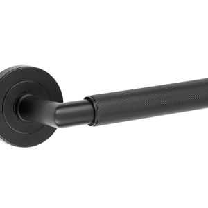 Frelan Hardware Mitred Knurled Door Handles On Round Rose, Matt Black – JMB400 (sold in pairs)