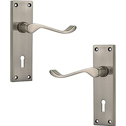Victorian Scroll Door Handle with Lock – 150mm x 40mm  – Satin Nickel Finish