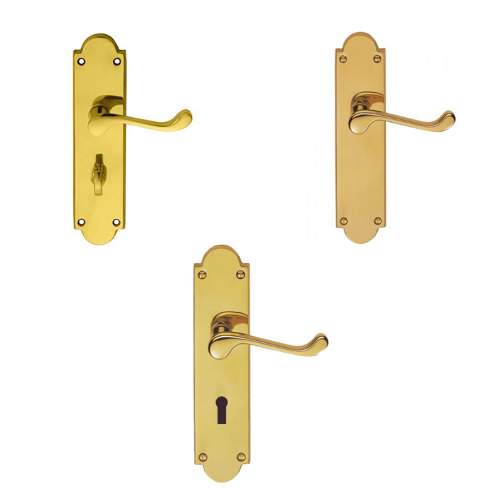 Victorian Shaped Scroll Door Handle On Backplate – Polished Brass Finish