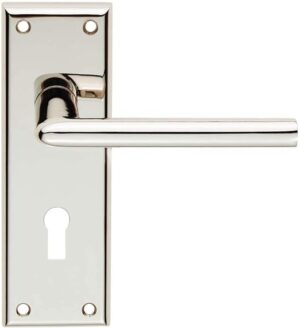 Door Handle With Lock on Backplate - Polished Nickle
