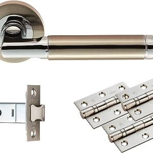 Door Handles On Rose Belas Latch Pack – Satin Nickel/Polished Chrome