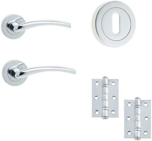 IRONMONGERY SOLUTIONS Lock Pack of Door Handle, 3 Lever Sashlock, Escutcheons & Hinges - Pack of Door Handle in Polished Chrome Finish
