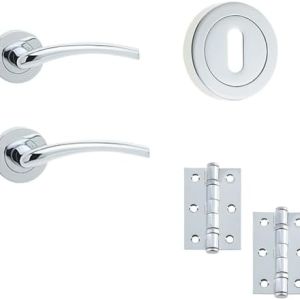 IRONMONGERY SOLUTIONS Lock Pack of Door Handle, 3 Lever Sashlock, Escutcheons & Hinges – Pack of Door Handle in Polished Chrome Finish