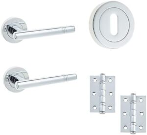 IRONMONGERY SOLUTIONS Lock Pack of Door Handle,3 Lever Sashlocks,Escutcheons & Hinges - Pack of Door Handle in Polished Chrome Finish