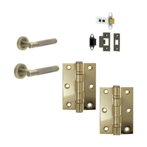IRONMONGERY SOLUTIONS Latch Pack of Door Handle, Tubular Latch & Hinges - Pack of Door Handle in Antique Brass Finish